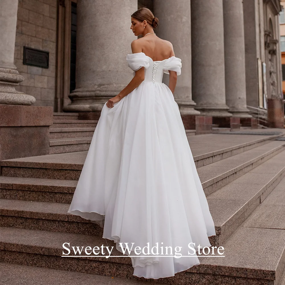 Cheap Organza Wedding Dress Customized Off Shoulder V Neck Pleat A Line Sweep Train Corset Bridal Gown Vestido De Noiva