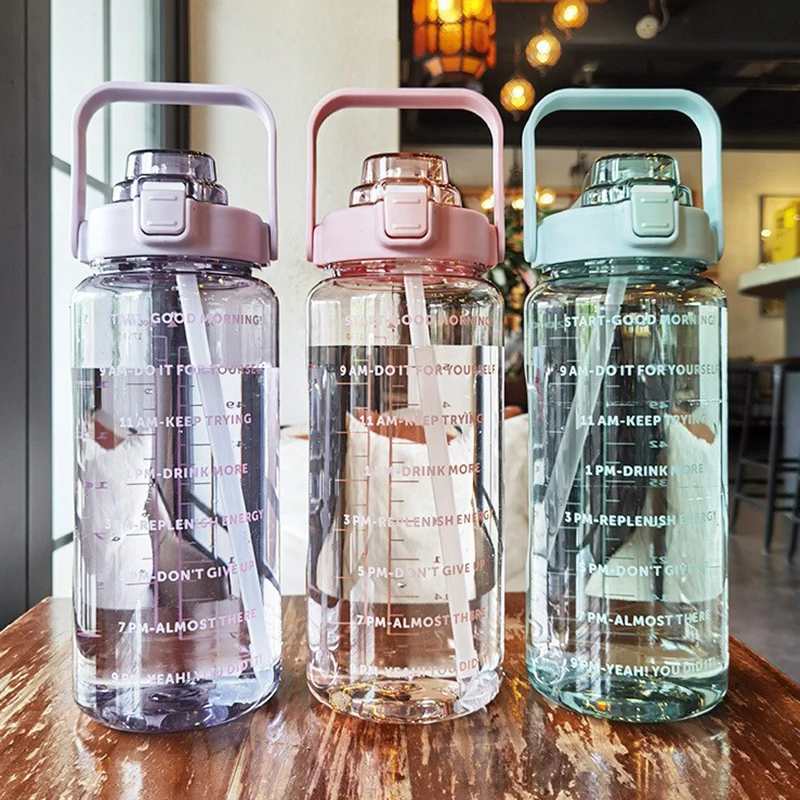 ~2 Liter Water Bottle with Straw Portable Travel bottles Fitness Bike Cup Spring Summer Cold Water Jug with Time Marker