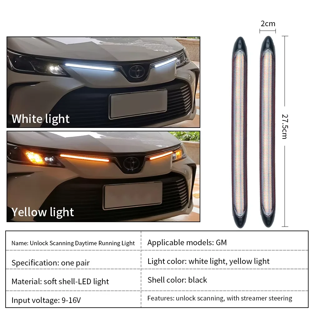 Lampu depan mobil LED DRL, Strip lampu depan mobil siang hari, lampu fleksibel tahan air, sinyal berbelok kuning, lampu aliran rem 12V 2 buah