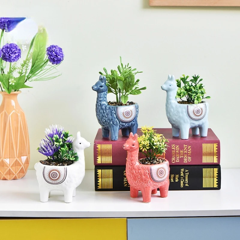 Cute Animal Flowerpot Fleshy Flowerpot Ceramic Imitation Alpaca Sculpture Flowerpot Desktop Living Room Fleshy Flowerpot