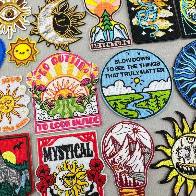 

Уличная нашивка с вышивкой от солнца, мультяшная нашивка, утюг на заплатках для одежды, вышитые нашивки на одежде, аппликации для шитья своими руками