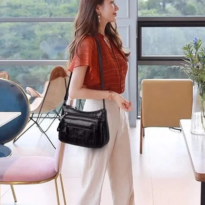 Bolso de cuero suave de múltiples capas para mujer, bolsos de hombro simples a la moda, bolso cruzado para mamá, conveniente, diario, alta capacidad