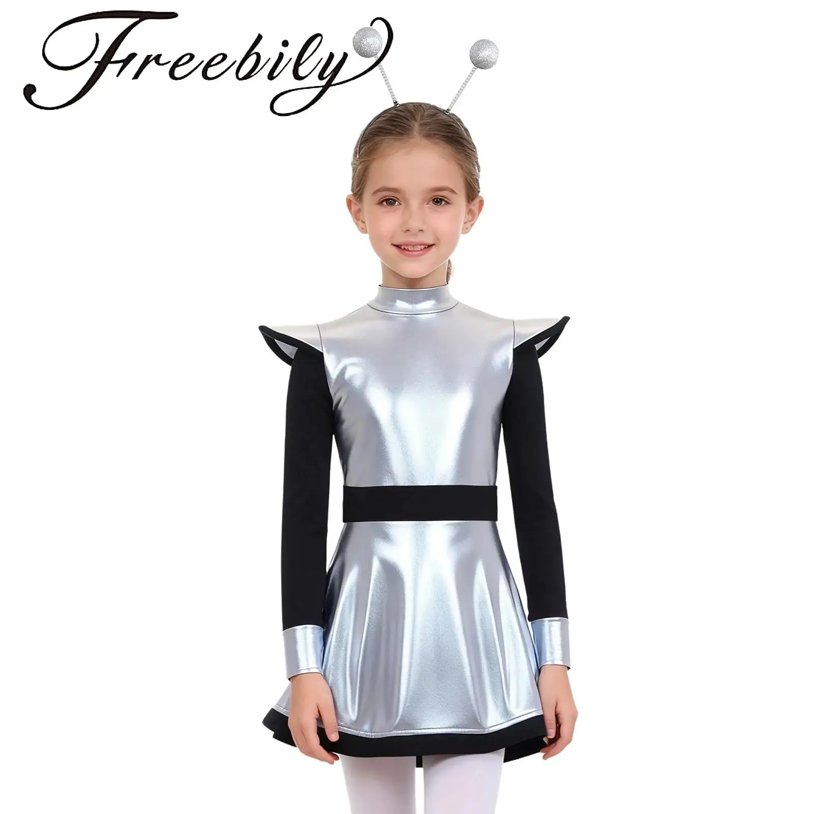 Kids Girls Alien Patchwork Dress Metallic Gloss Long Sleeve Zipper Built-In Shorts Dress And Matched Hair Hoop for Role Play