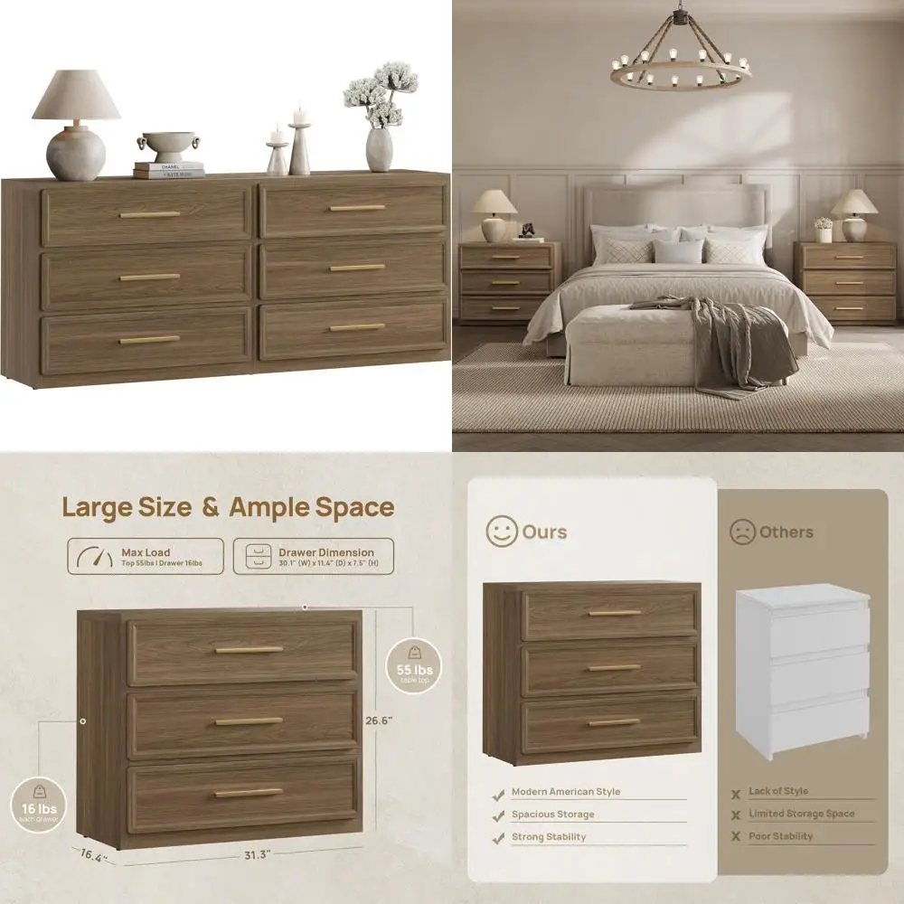 Oversized Large Nightstands Set of 2 - Modern 3 Drawer Bedside Tables with Storage for Bedroom