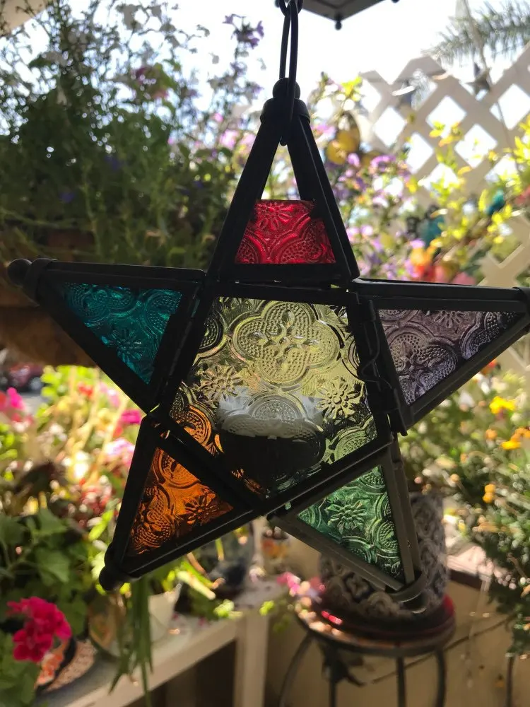 1PC Wrought Iron Stained Glass Five-pointed Star Hanging Candle Holder, Suitable for Home, Restaurant Decoration and Gift Giving