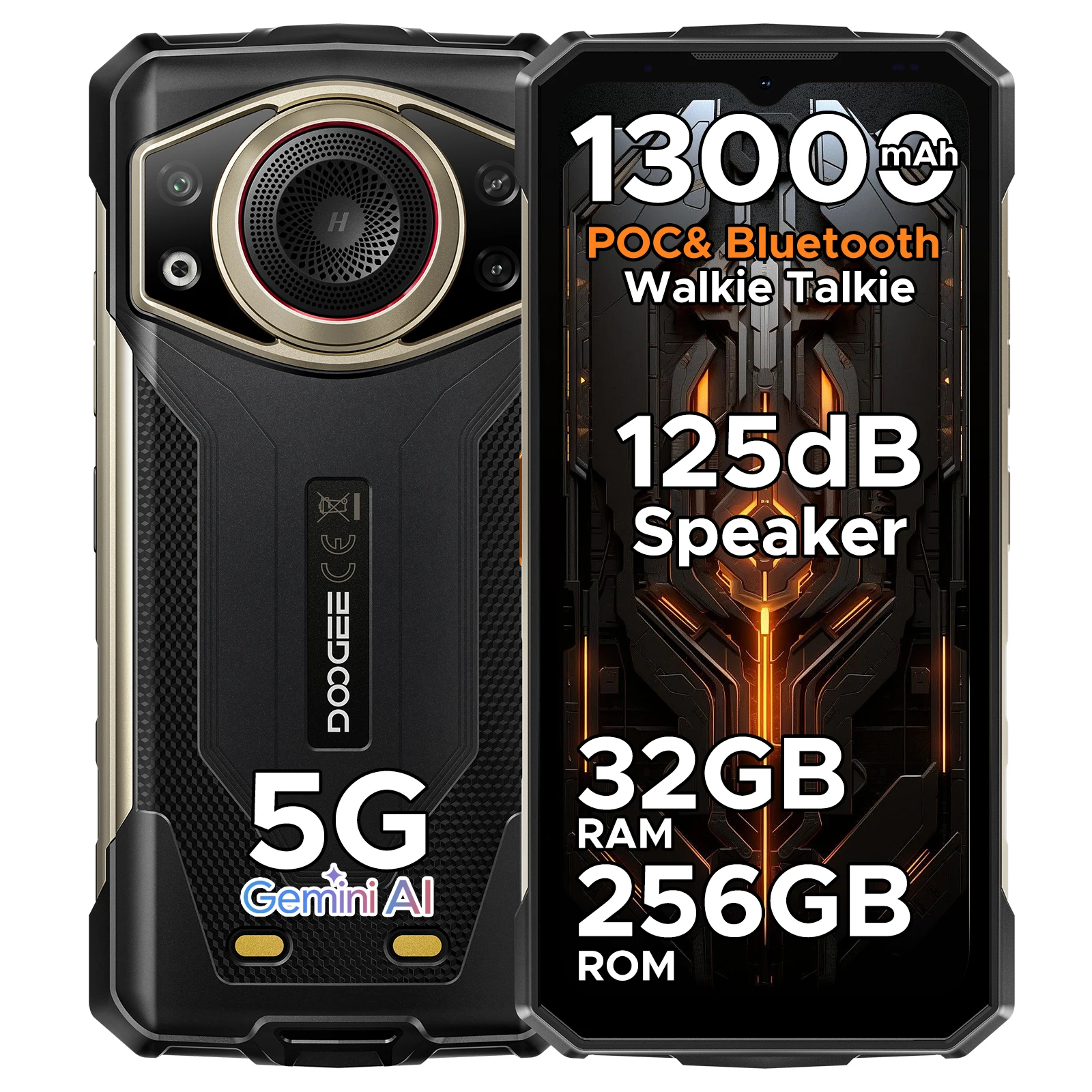 DOOGEE Fire 7 Ultra 5G Robustes Telefon 125 dB Lautsprecher unterstützt POC 6,6 Zoll Bildschirm 13000 mAh Akku 8 GB 256 GB Android 15 Smartphone NFC