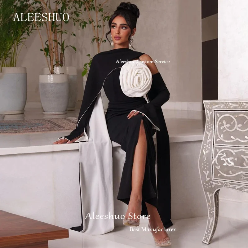 Aleeshuo Saudi Arabia Satin Mermaid Long Sleeves Prom Gowns High Neck Pleat Flowers Ankle-Length فساتين مناسبة 2025 Customized