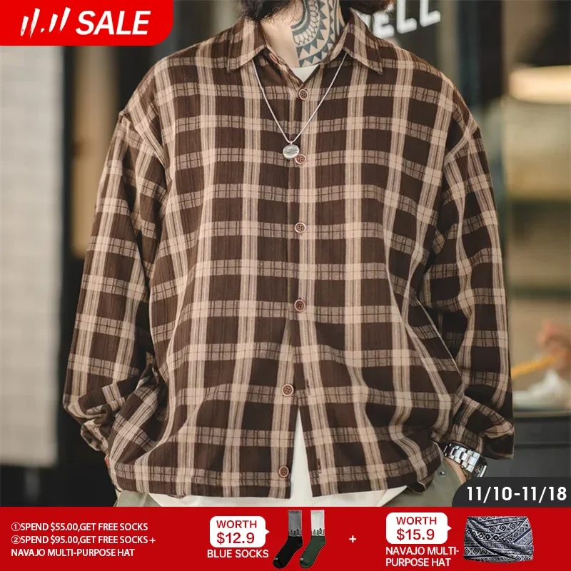 

Maden Vintage Brown Plaid Long-sleeved Shirts for Men Autumn Textured Loose Casual Shirt Jacket for Layering or Outerwear