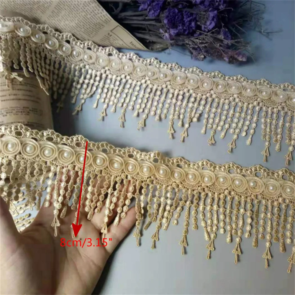 1 Yard Gold Pearl Tassel Plum Flowers Pearl Lace  Trimmings Ribbons Beaded Lace Fabric Embroidered Sewing Wedding Dress 8cm