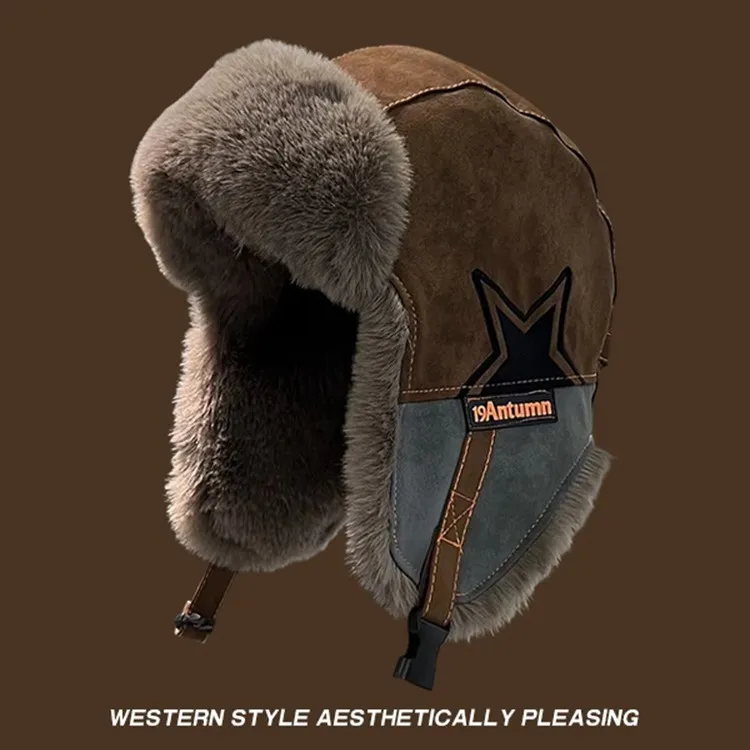 Unisex Thick Plush Earflap Trapper Hat, Winter Warm Fleece Lined Ski Cap for Men Women, Retro Aviator Motorcycle Beanie