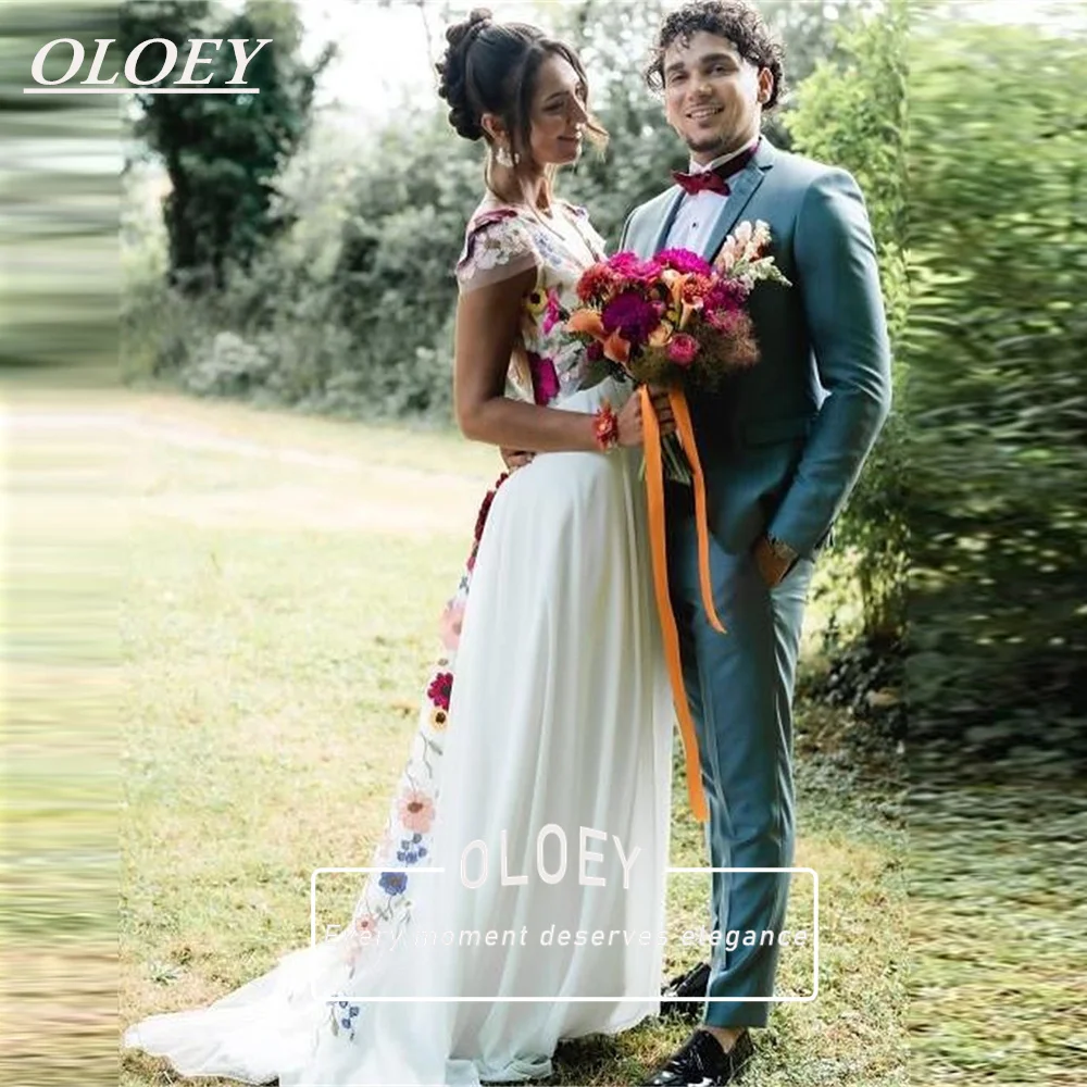 OLOEY Colorful 3D Flowers Floral Wedding Dress Women Backless Cap Sleeves V Neck A Line Embroidered Bridal Gowns Customized
