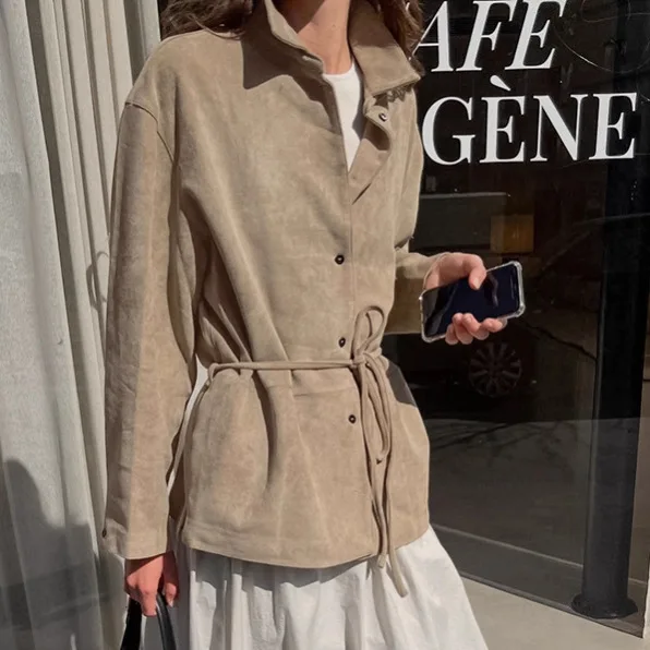 Giacca in pelle scamosciata da donna autunno kaki con lacci Colletto con bavero Camicia monopetto in vita stretta per cappotto femminile stile Instagram da donna
