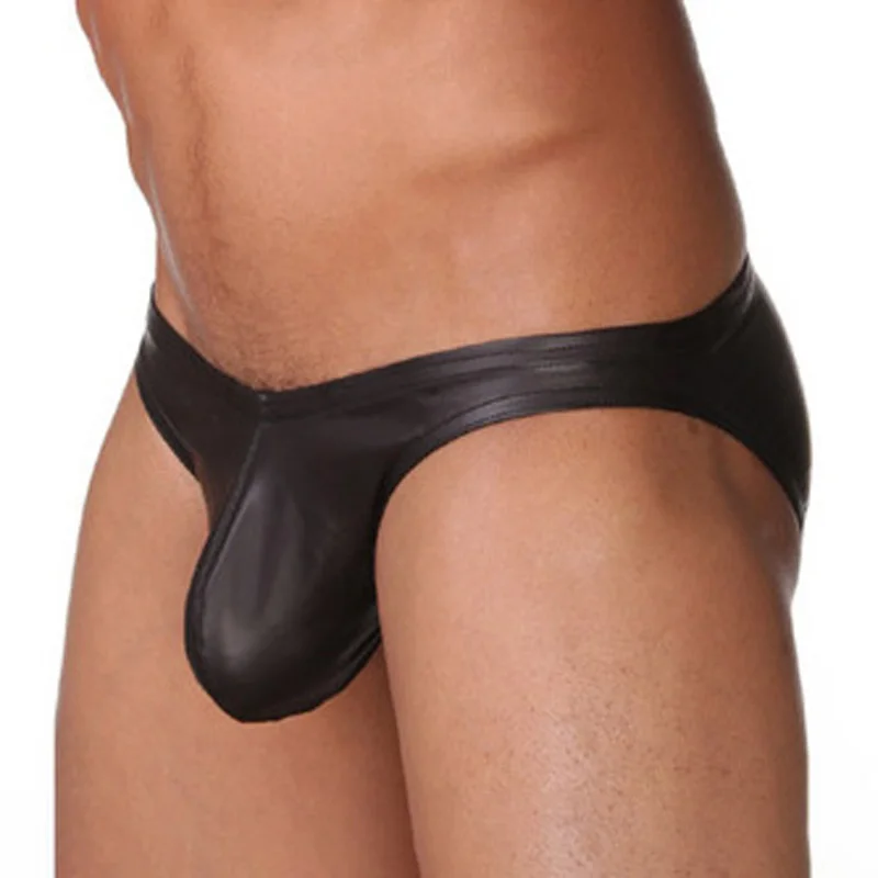 Men's Erotic Brief Gays Sexy Low-rise U Convex Pouch Bikini Homme Balck Faux Leather Underwear Nightclub Stage Performance Tanga