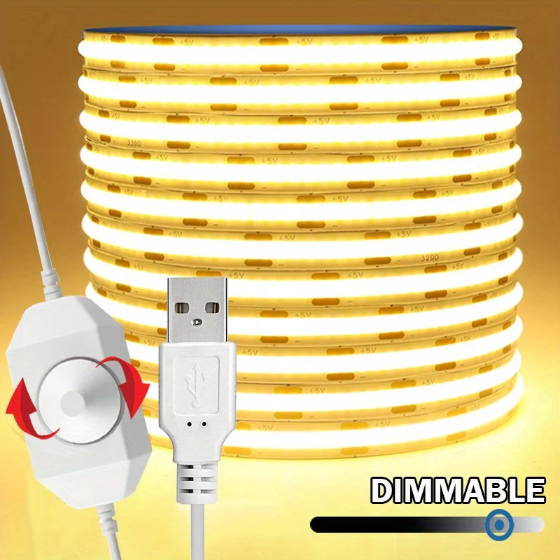 8mm COB LED Strip Light With Stepless Dimmer, 5V USB Flexible Ribbon Dimmable High Brightness Glow, COB Bendable Tape Light