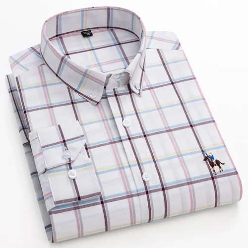 Imagen 2 del producto Camisas de manga larga para hombre, camisa informal Oxford a cuadros a rayas, ajustada, de Color sólido, 100% algodón, nueva moda