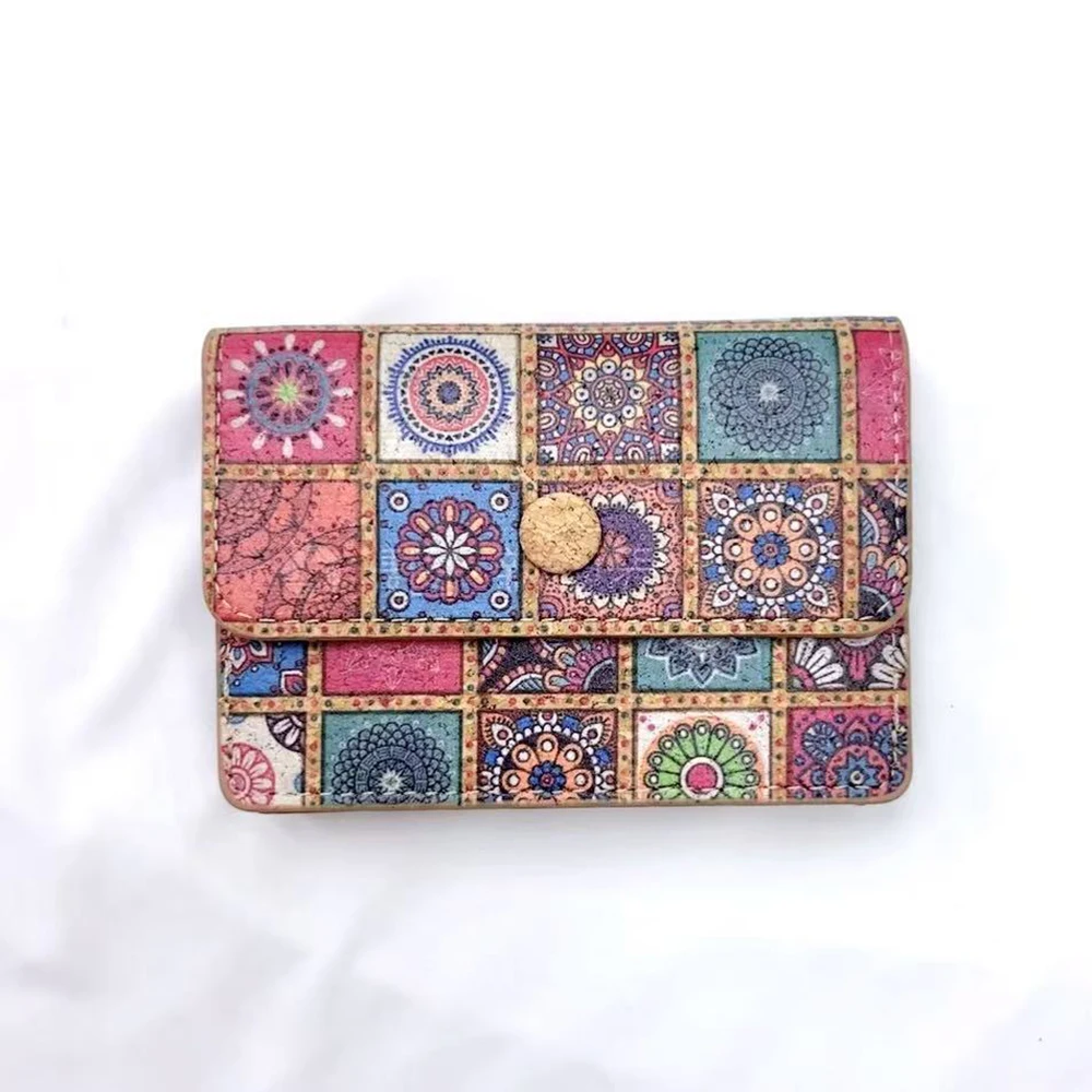 8pcs Card Holder Cork Leather Colorful Grid Printing Thin More Positions Flap Cover Hasp Short Wallet