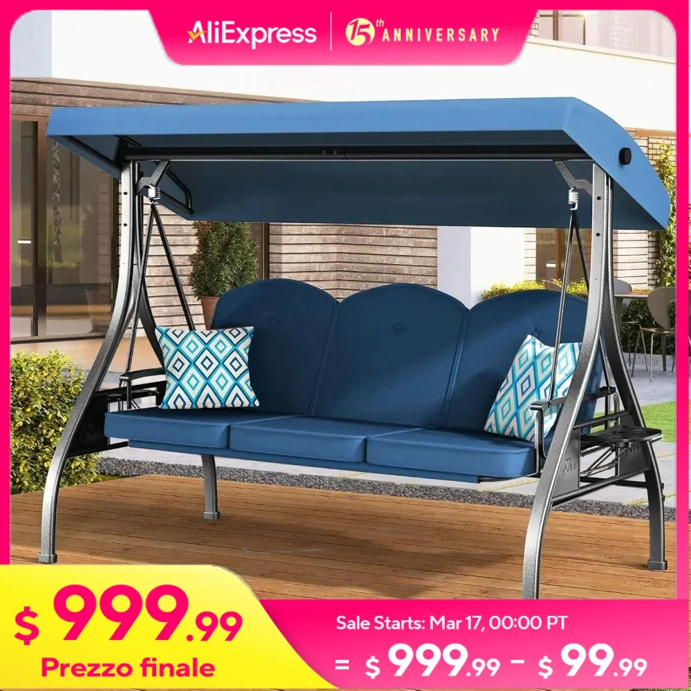 3 Seat Outdoor Porch Patio Swing, 2-in-1 Swing Chair with Adjustable Canopy & Removable Cushion, Outdoor Adult Swing with Stand