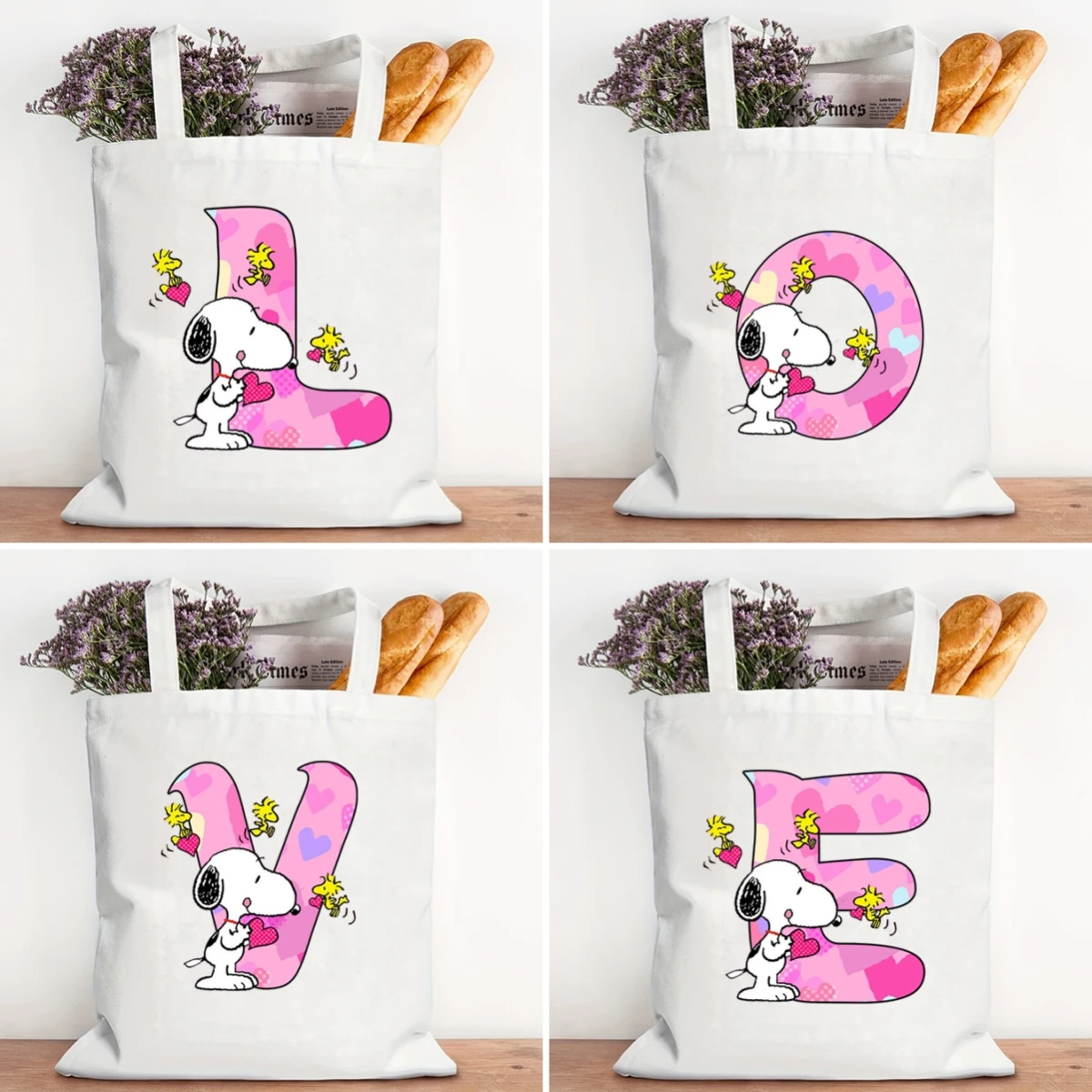 

Kawaii Snoopy Canvas Shoulder Bag Sweet A-Z Printed Anime Cartoon Women Tote Handbag Large Capacity Shopping Pouch Accessory