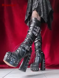 Rivet Cross Straps Chunky Heels Boots Black Spicy Girls Round Toe Platform Buckle Gothic Knee High Boots Leather Winter Shoes