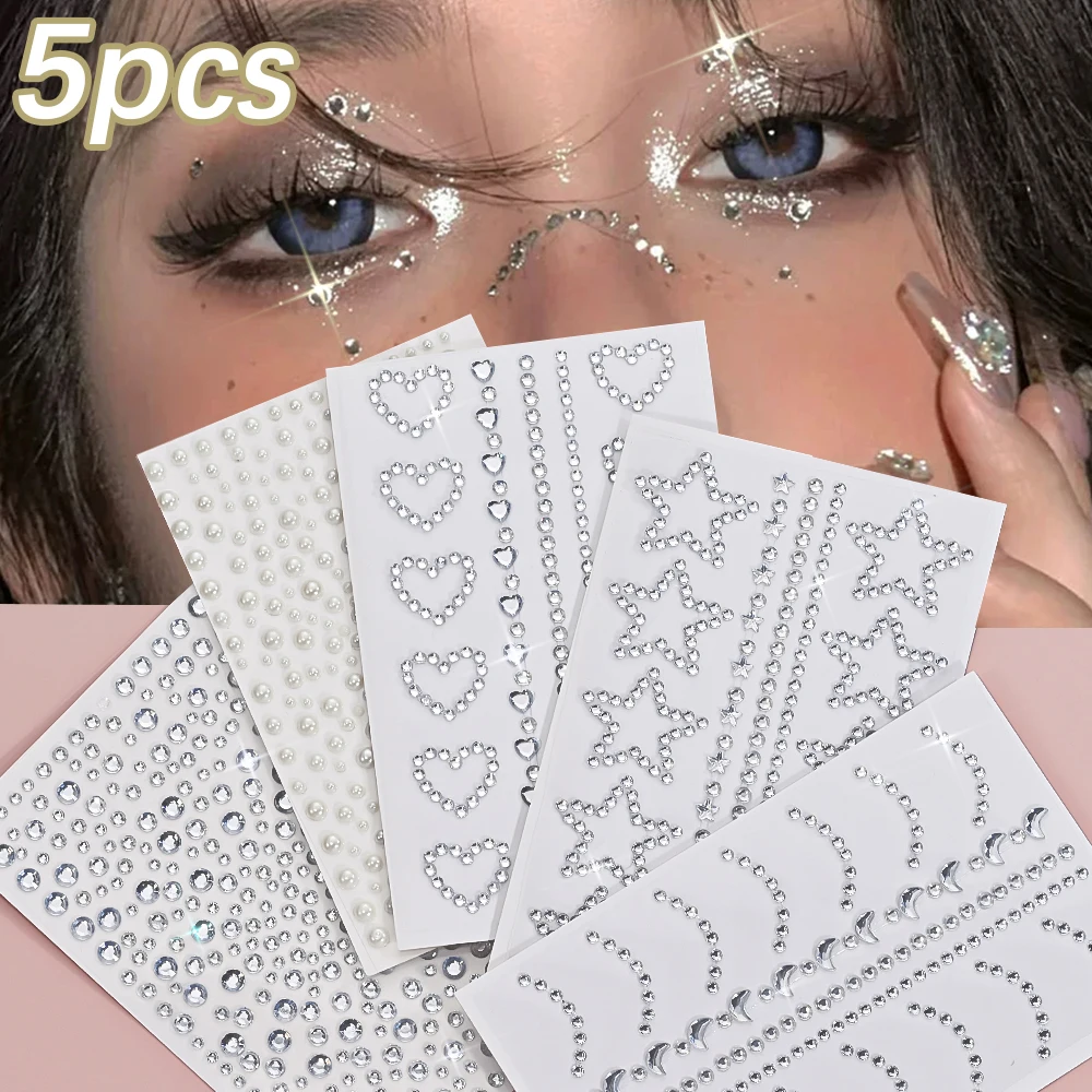 5Pcs Crystal Diamond Pearls Face Gems Stickers Self-Adhesive Rhinestone Glitter Jewelry Sticker for Hair Face Makeup Decoration