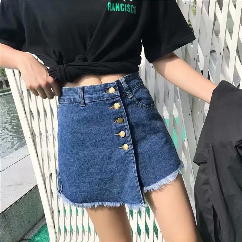 Summer Women's High Waist Button Denim Shorts Skirt Wide Leg A-line Skirts For Women