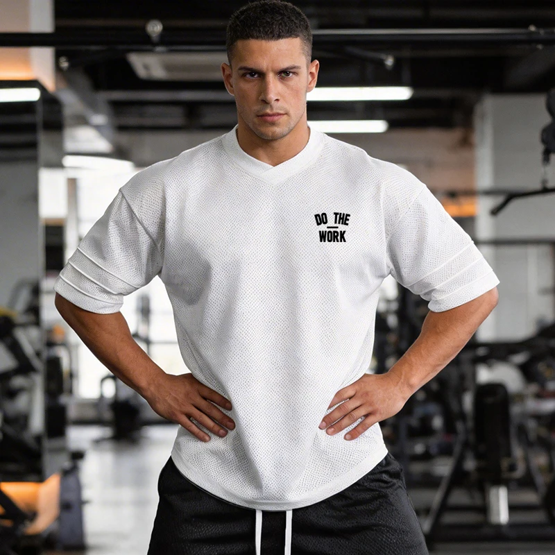Mens Running T-shirts Oversized V-neck Half Sleeve Shirt Summer Mesh Loose Dropped Shoulder DO THE WORK Gym Sports Fitness Tees