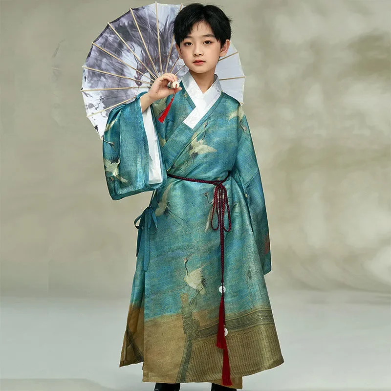 

Chinese Style Crane Printed Children Hanfu Dress Boys 2023 Autumn Fashion Oriental Knight Cosplay Costumes Performance Clothes