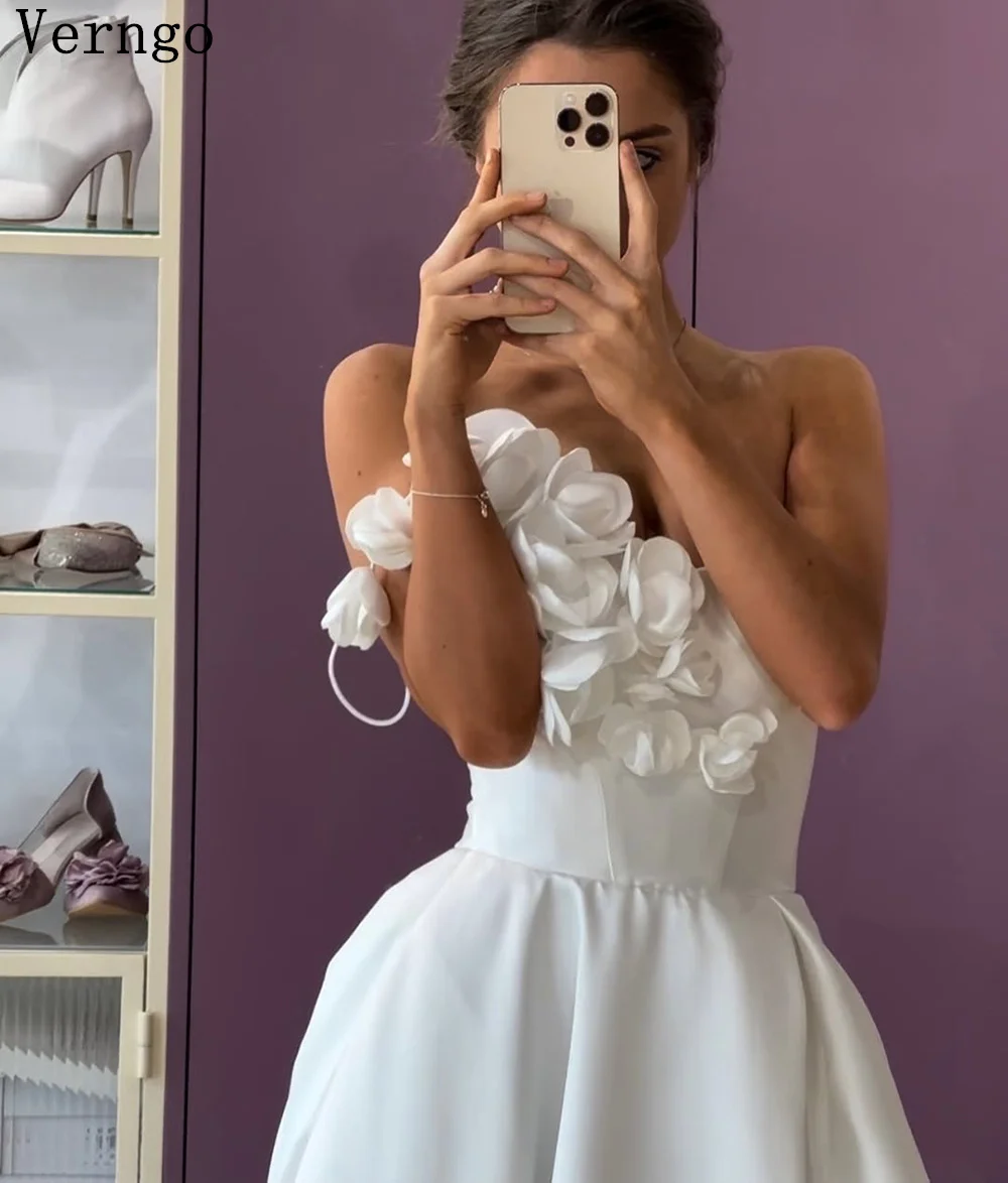 Verngo Elegant Crepe Wedding Dresses 3D Flowers A Line Bridal Gowns Side Slit Sweap Train Bride Dresses Customized