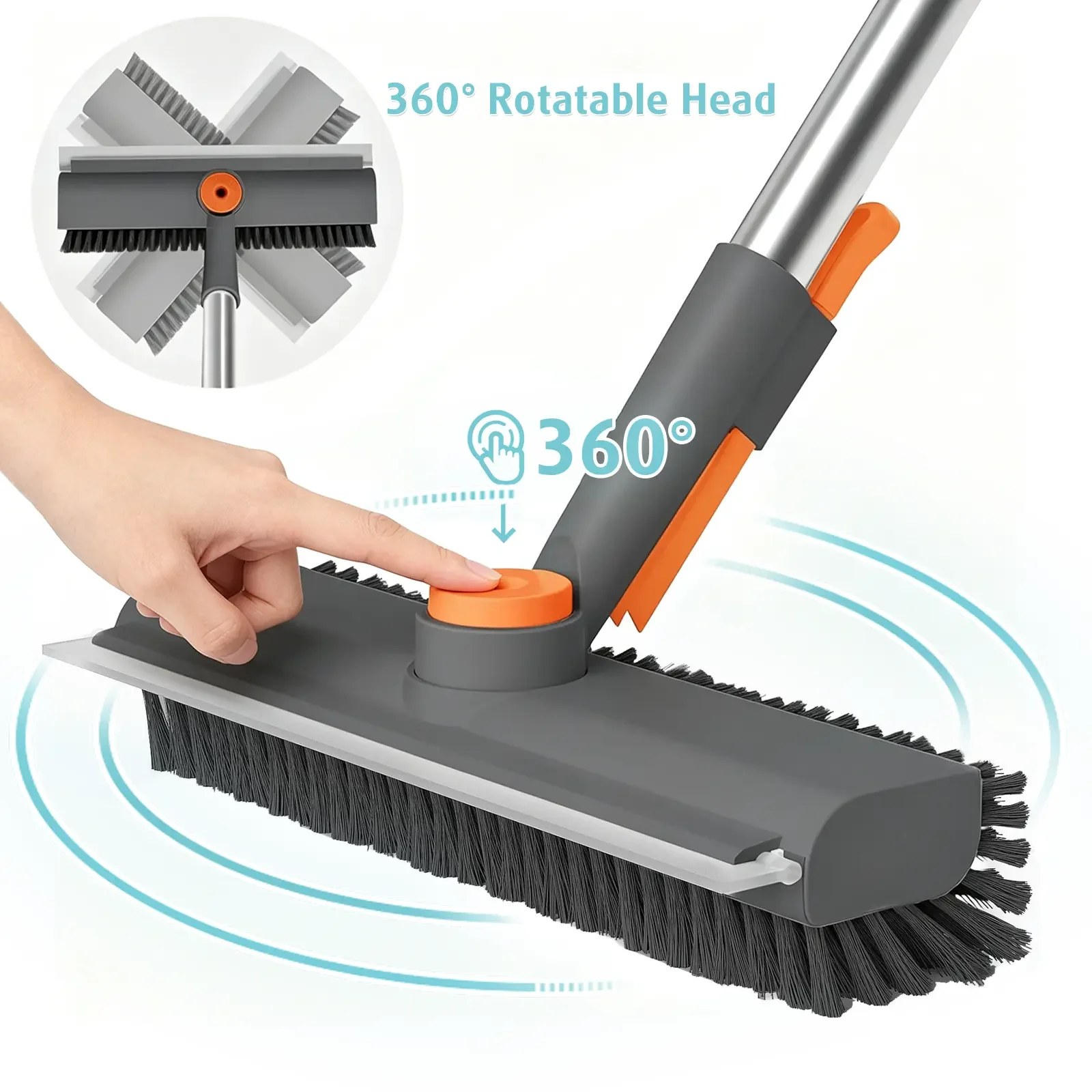 3‑in‑1 Floor Scrub Brush with Long Handle, 360° Rotating Scraper, Heavy‑Duty Stiff Bristles, Multipurpose Household Cleaning Tool for Bathtub, Patio, Indoor & Outdoor Use