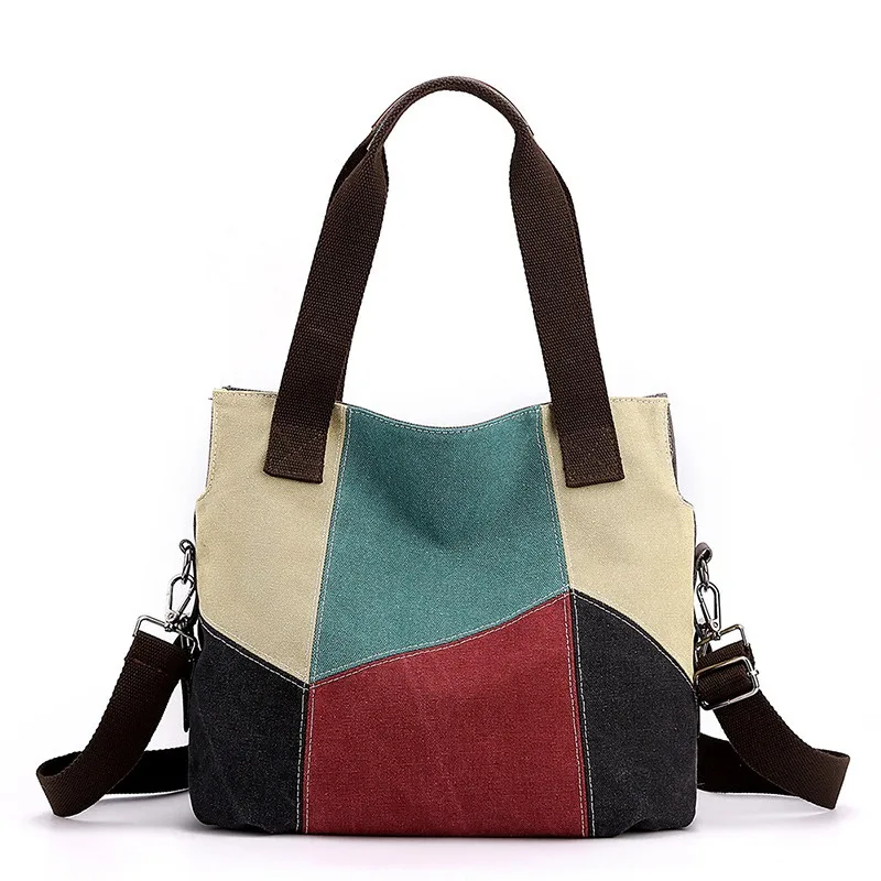 New Single Shoulder Simple Canvas Handheld Fashionable Contrast Color Women's Large Capacity Retro Spliced Fabric Bag