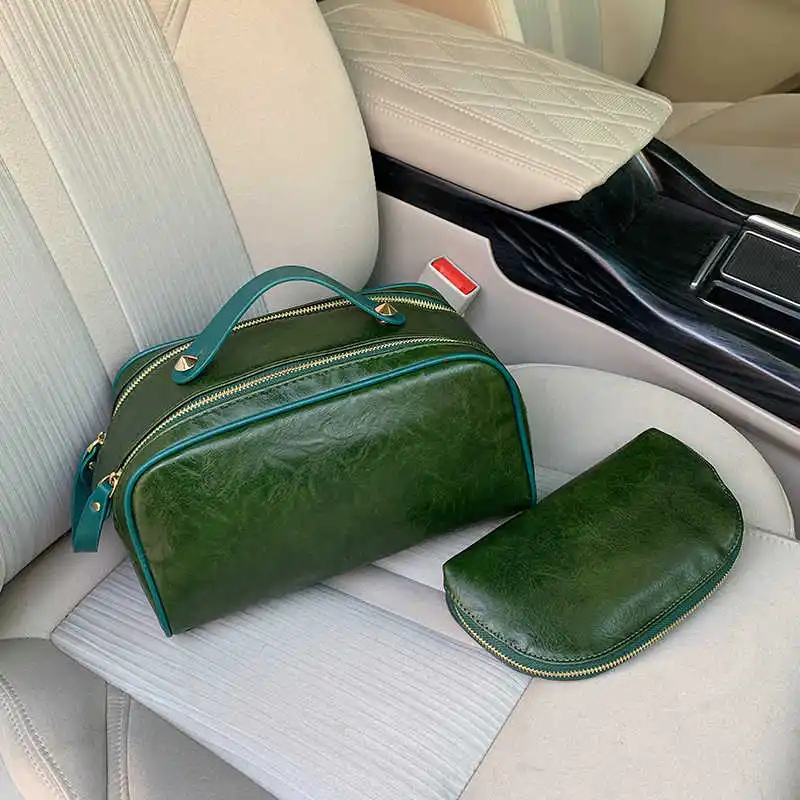 PU Leather Makeup Bag New Retro Double Zipper Portable Premium Sense Large Capacity Toilet and Carry Large Makeup Storage Bag