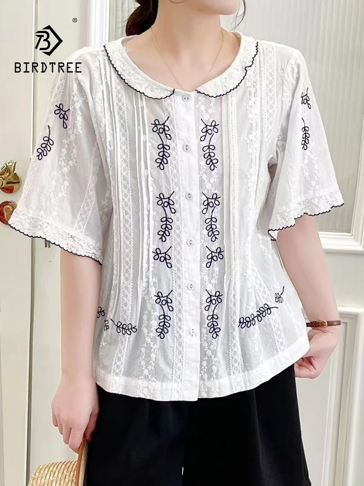 

New 2025 Summer Cotton Short Sleeve Shirt, Women Turn-down Collar Embroidery, Mori Girl Retro Ethnic Style Loose Blouse T56686CC