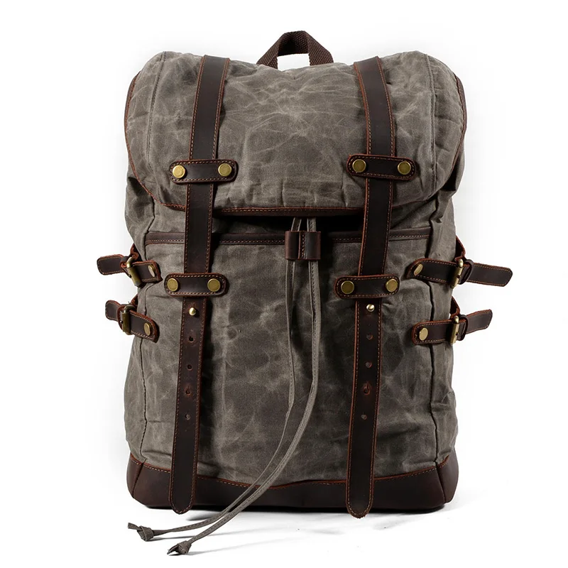 

Vintage Canvas Backpack for Men Leather Wax Canvas Rucksack Travel Bag Large Unisex Waterproof Daypacks Retro Bagpack