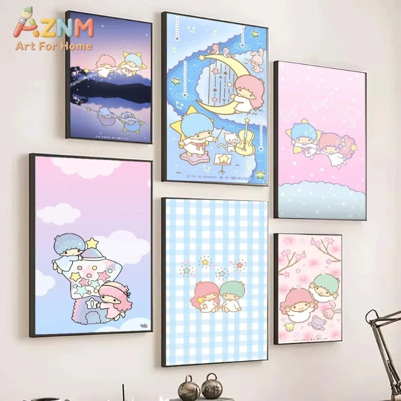 Little Twin Stars Cloud Star Canvas Wall Art Unframed Canvas Print Kawaii Pastel Cartoon Art for Girls Nursery Bedroom Kids Gift