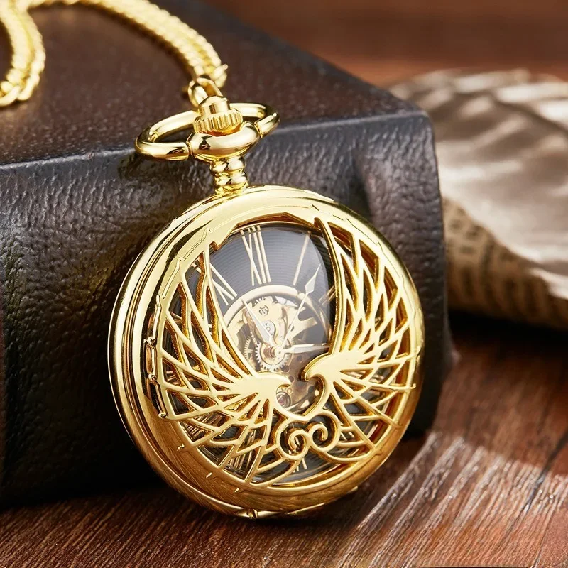 

Men's double-open case black wings design mechanical pocket watch, skull case Roman digital mechanical pocket watch