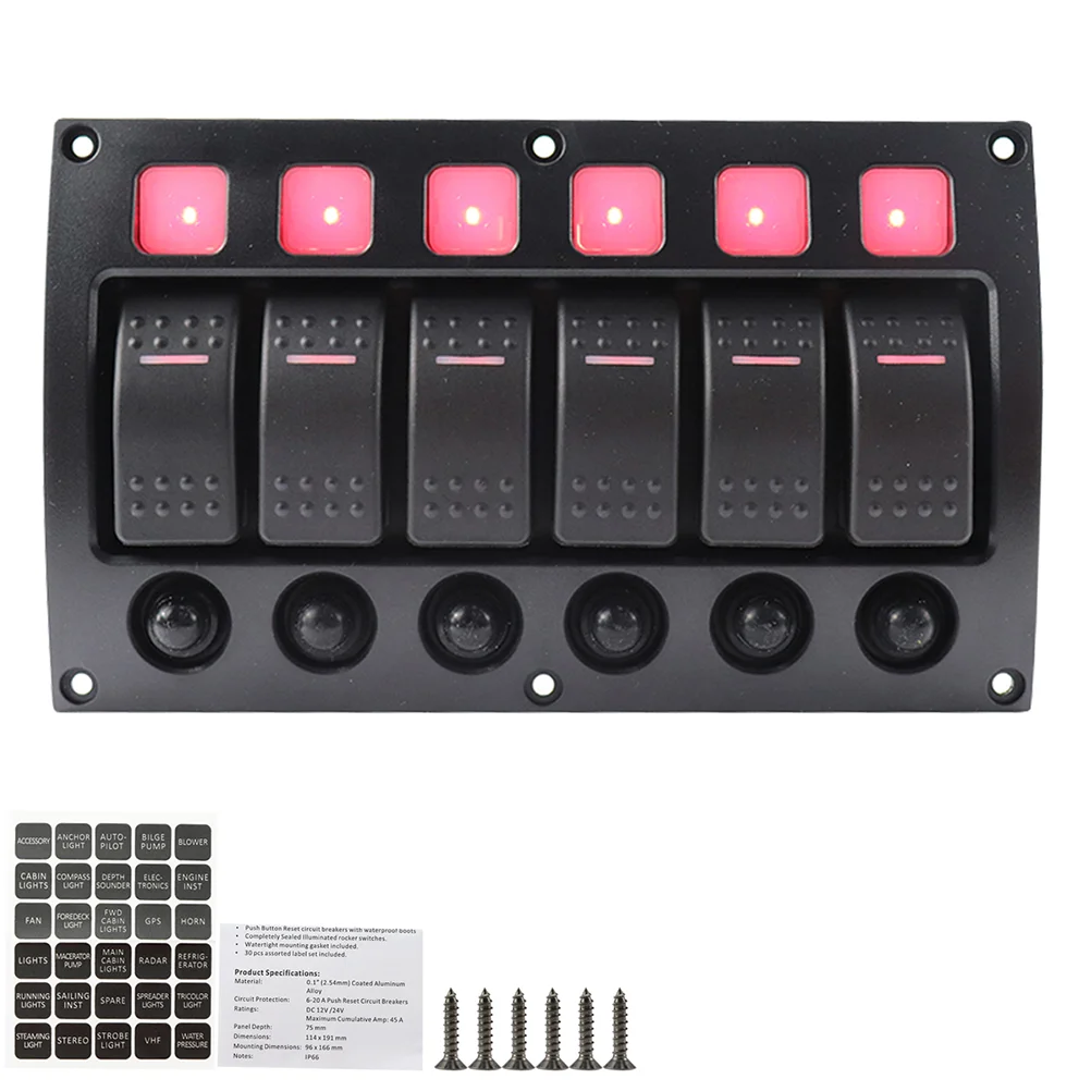 12V/24V IP66 Waterproof 6 Gang LED Indicator Curved Panel with Circuit Breakers for Car RV Yacht Truck Bus - Red Light (Black)