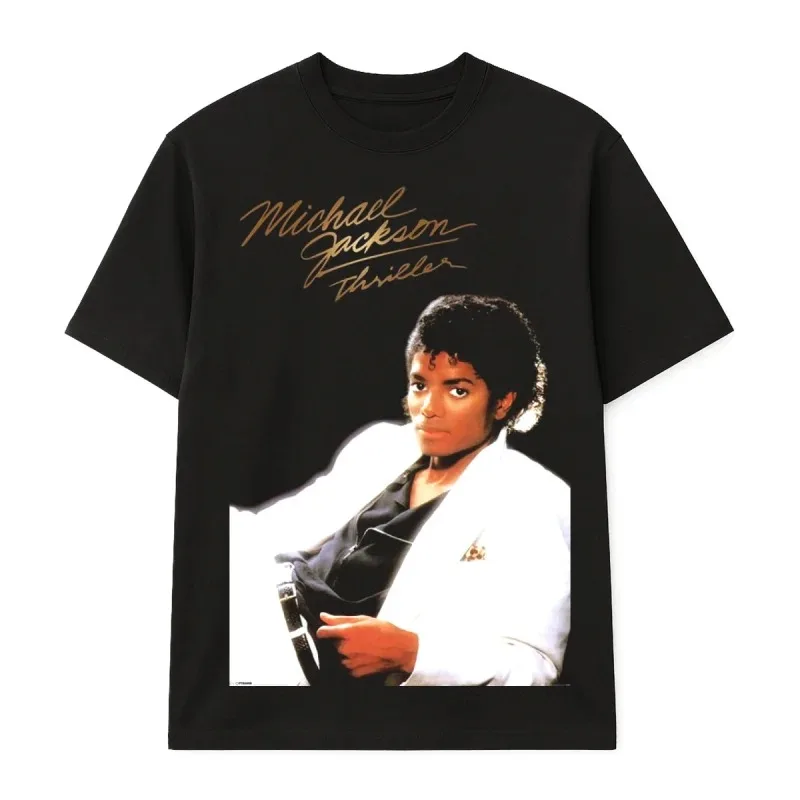 Michael Jackson Portrait & Gold Signature T-Shirt Übergroßes Y2k Baumwoll-Grafik-T-Shirt für Männer und Frauen Streetwear Top Damen- und Herrenbekleidung