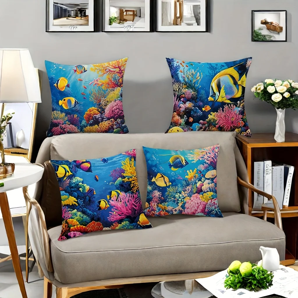 Tropical Ocean Coral Reef Pillowcase Set 4pcs 40x40cm Underwater Marine Life Cushion Cover Throw Pillow Home Decor