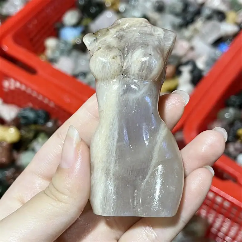 Natural Moon Stone Lady Body Carving Healing Crystal Quartz Decoration Spiritual Collection Gift 1PCS