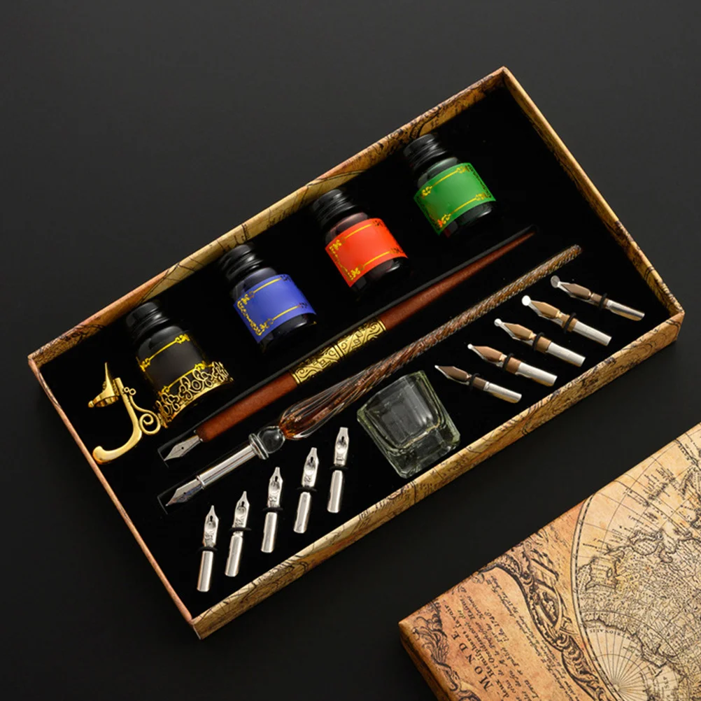 

Wooden Glass Dip Pen Set Style Smooth Light Ink Flow Writing Drawing Calligraphy Signature Kit Glass Pen Set