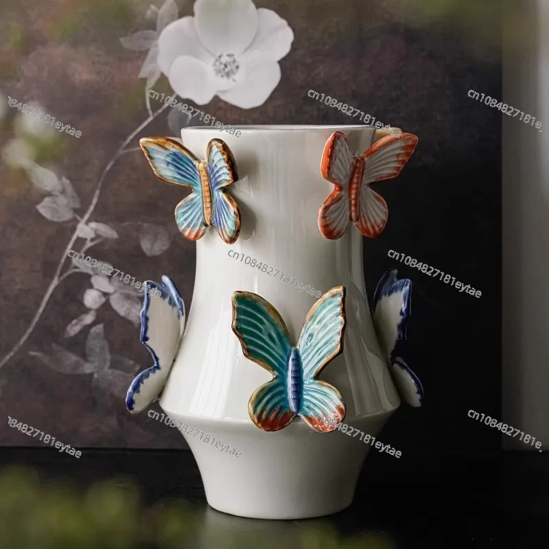 Ceramic Vase Relief Butterfly Handmade Porcelain Bottle Flower Arrangement Accessories Flower Vase Butterfly Flowerpot