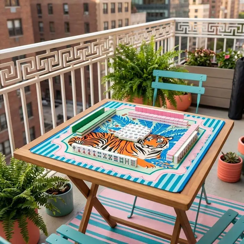 VIKAMA Striped Pink Tiger Tropical Mahjong Mat Wear Resistant Zoned Pad Balcony Vacation American Mahjong Domino Cover