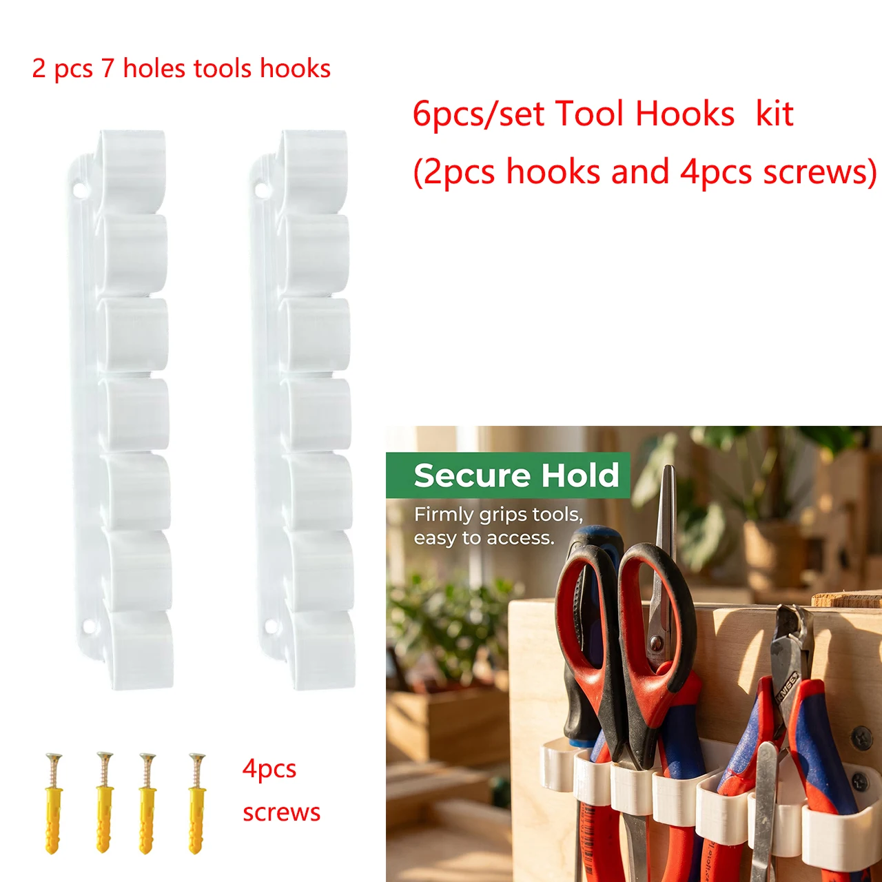 6-Pack Wall-Mounted Screw Hook Set (Includes 2 7-Hole Hooks and 6 Fixing Screws), Can Accommodate Various Sizes of Wall Tool Hooks and Tool Racks