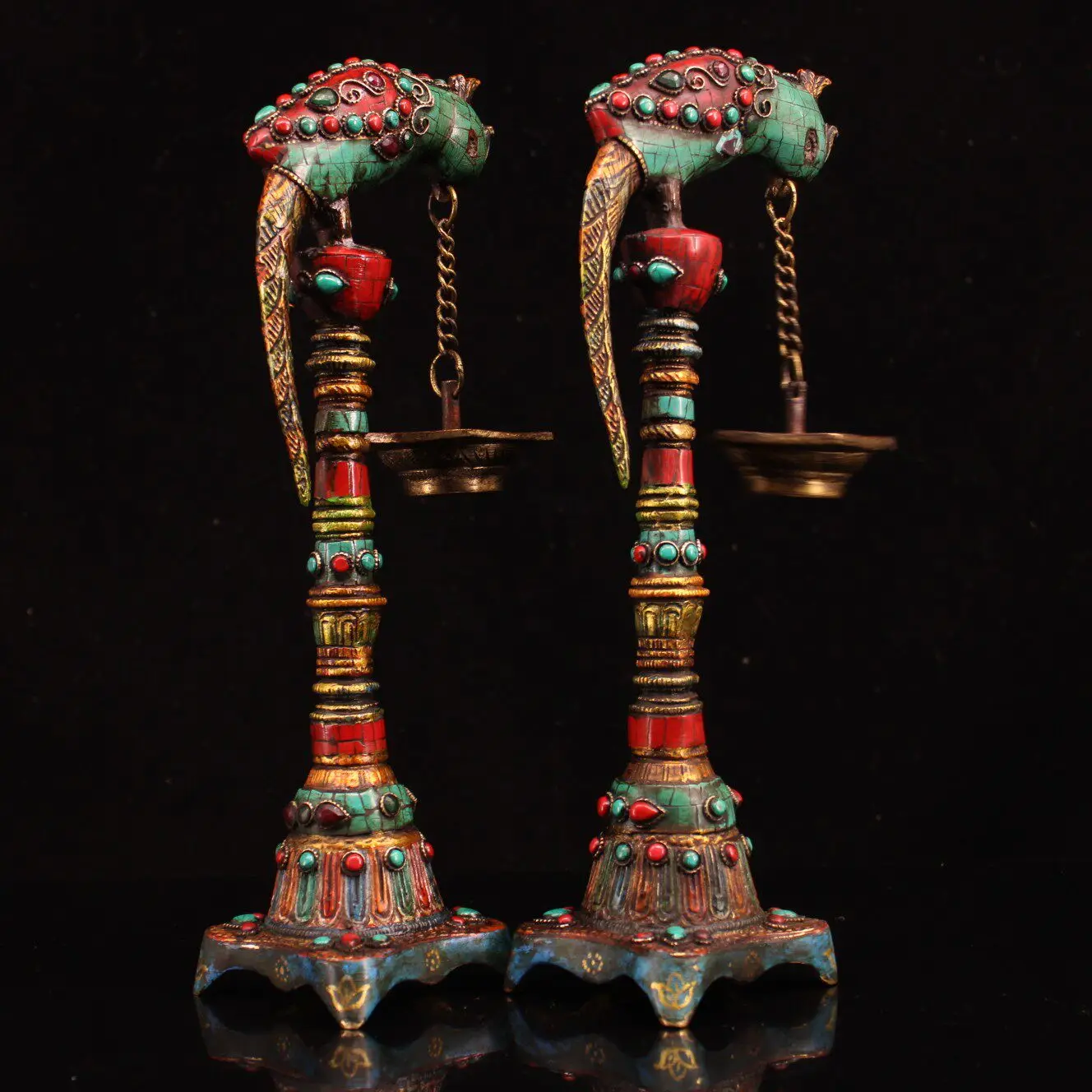 Tibetan Copper Hanging Oil Lamp Pair Gem Inlaid Gold Painted Heavy Patina Antique Home Decor