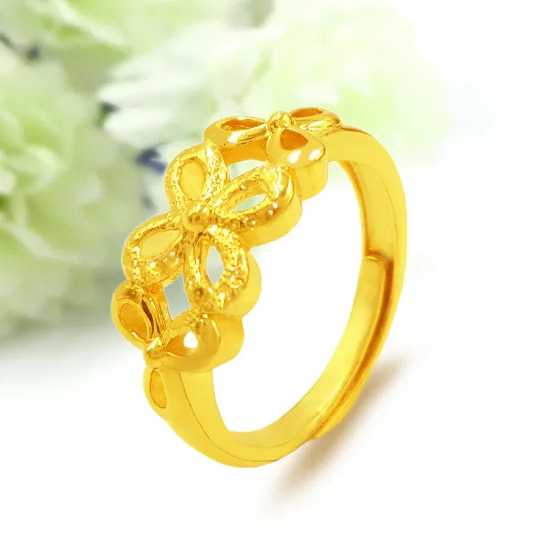 9999 Real Gold 24K Japanese and Korean Fashion Women's Open Butterfly Clover Ring Gold Gold Ring