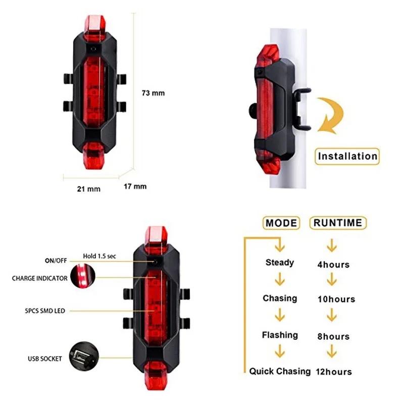 Bicycle Light Waterproof Rear Tail Light LED USB Style Rechargeable or Battery Style Bike Cycling Portable Light