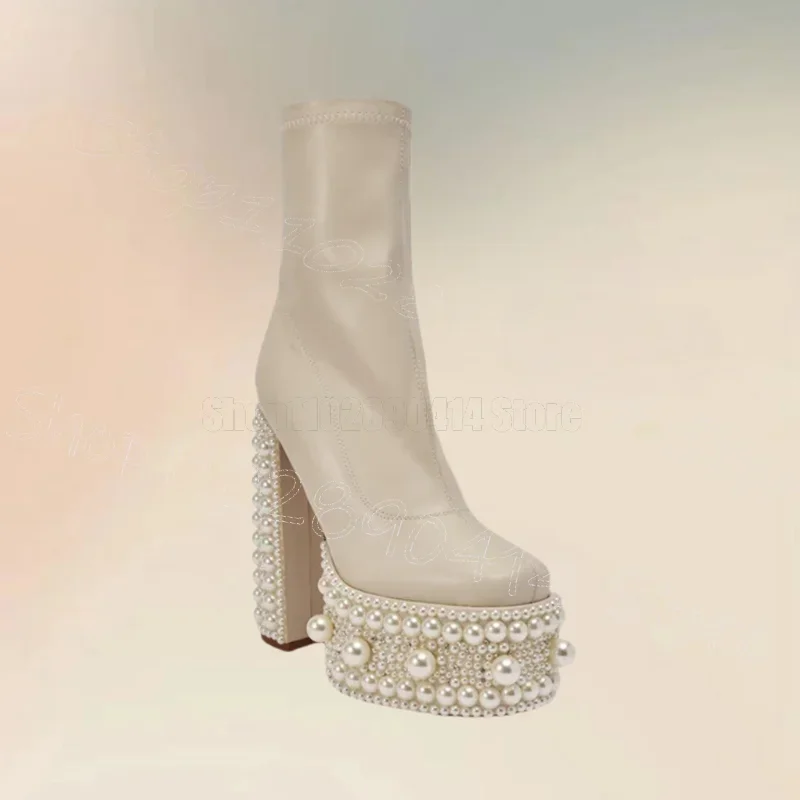 

Beige Pearl Platform Mid Calf Boots Side Zipper Women Shoes Chunky High Heels Novel Party Feast Dating 2025 Zapatos Para Mujere