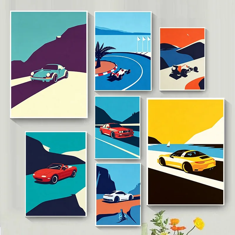 Retro Red Classic Car Poster Scandinavia Style Vintage Racing Car Minimalist Canvas Painting Wall Art for Living Room Home Decor