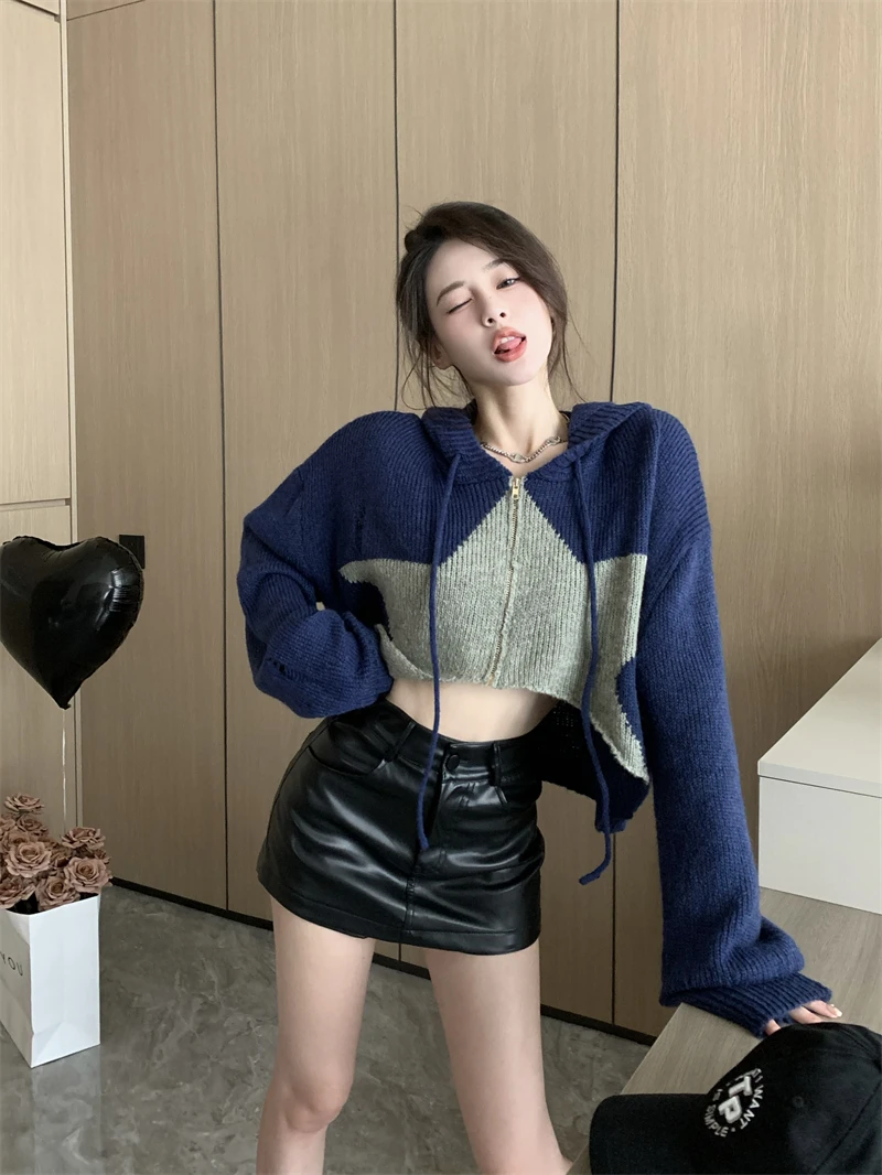 Y2K Vintage Women Irregular Cropped Cardigan Chic Star Patch Jackets Top Hooded Knit Casual Loose Sweater Casacos Trico Feminino