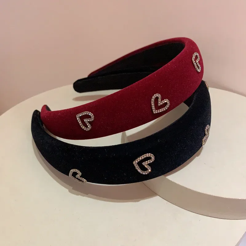 1pcs/2pcs Fashion Lady Hair Hoop Velvet Heart Shape Rhinestone Headband Female Casual Shopping Head Wears Girls Hair Accessories